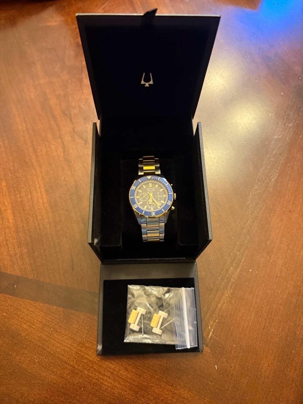 Bulova Gold and Blue Chronograph Bracelet Watch - Picture 9 of 11